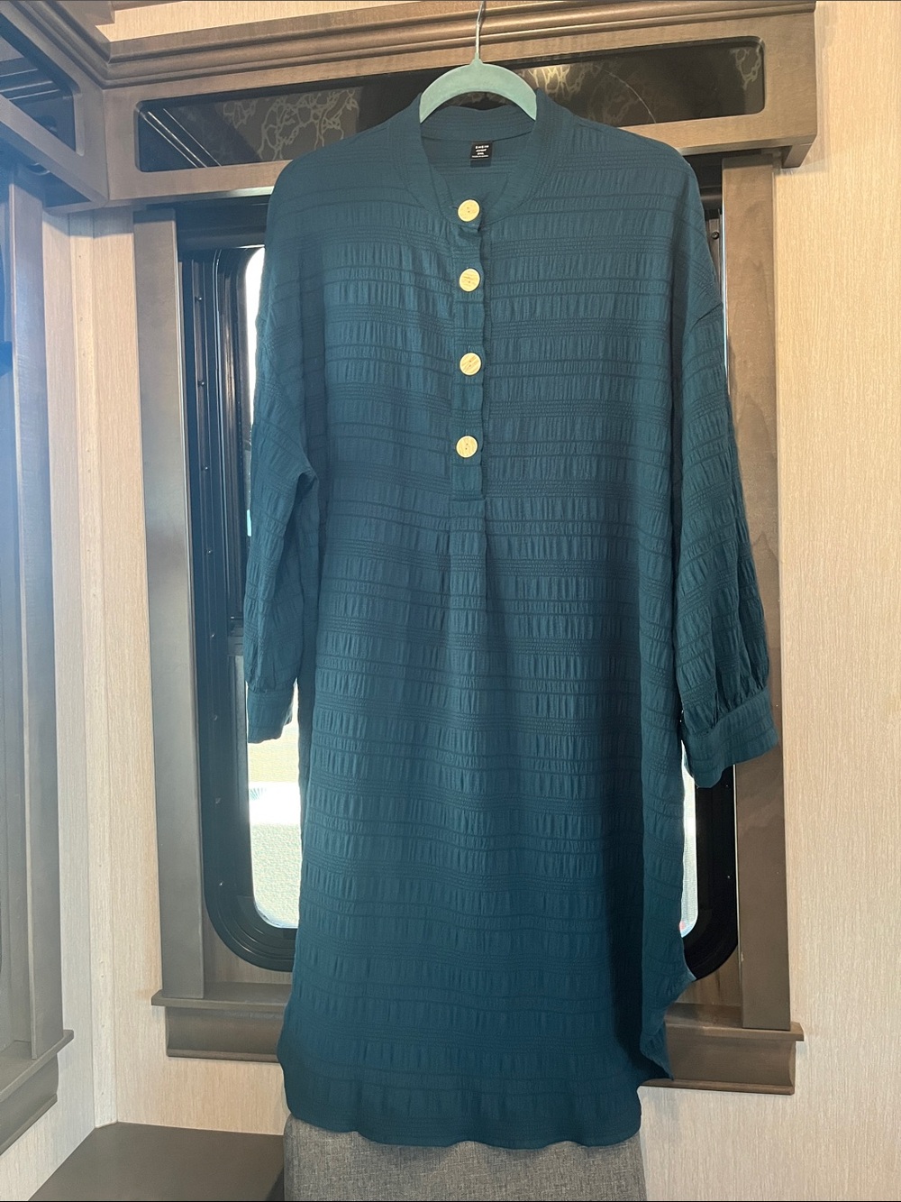 Women's Teal Textured Midi Dress with beige buttons